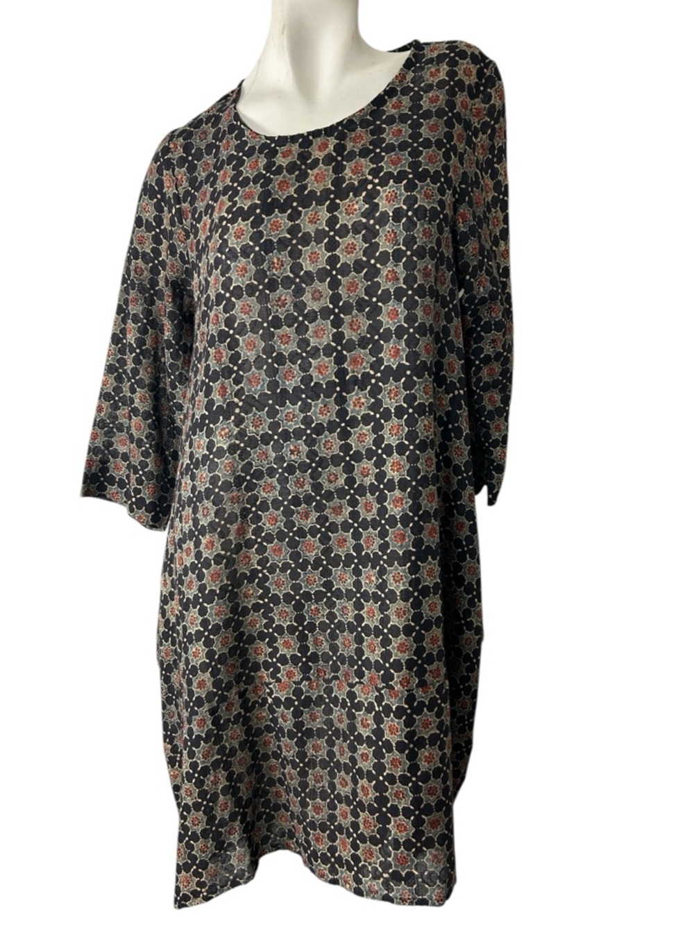 Passementrie Tunic Dress Top S/M Boho Lagenlook Mini Shift Geometric Print